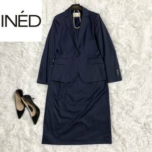 【美品】INED イネド レディース スーツ セットアップ ジャケット スカート ネイビー 11号/13号サイズ L〜LL ウール&シルク素材 日本製
