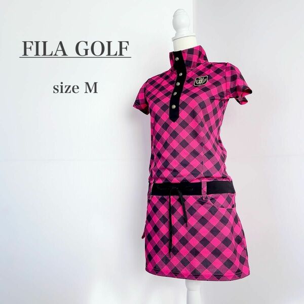 FILA GOLF フィラゴルフ Mサイズ ワンピース 半袖 ピンク 黒 チェック 春夏 ハイネック ゴルフ レディース インナー