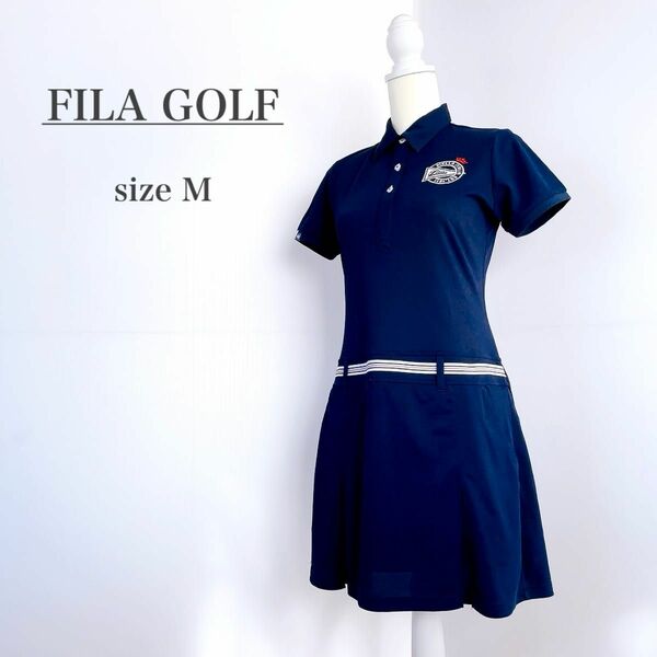 FILA GOLF フィラゴルフ M ワンピース 半袖 ゴルフ 紺 ネイビー 無地 春夏 シャツ スカート レディース ゴルフ