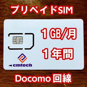 Docomo回線 プリペイドsim 1GB/月1年間有効 データ通信simカード