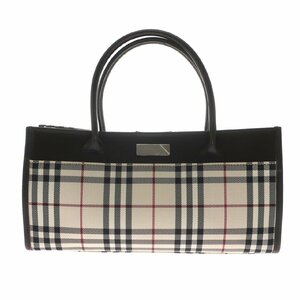 1円スタート BURBERRY バーバリー ナイロン ハンドバッグ ノバチェック ブランドロゴ シルバー金具 レザー ベージュ ブラウン レディース