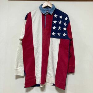 え1330 台湾製 TOMMY JEANS トミージーンズ 長袖ポロシャツ M 90's ビンテージ フラッグタグ 星条旗柄 襟デニム ブルー/レッド/ホワイト