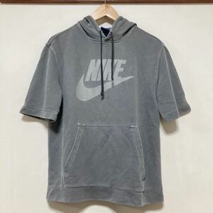 お1354 NIKE ナイキ プルオーバー 半袖スウェットパーカー HOODIE フーディー S 裏パイル ビッグロゴ グレー