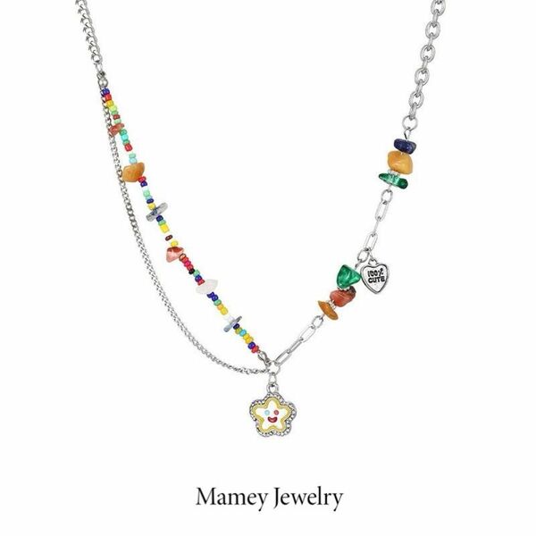 Mamey Jewelry カラービーズ、笑顔ネックレス、女性、軽奢、ニッチデザイン感、マルチ鎖骨チェーン、良い気分を持つ