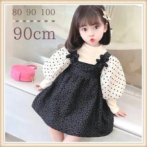 90. dot black do King One-piece polka dot chiffon sleeve girl child clothes outing clothes baby clothes stylish lovely Korea clothes 