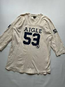 ★美品 AIGLE エーグル メンズ L コットン 七分袖 フットボール Tシャツ ナンバリング プリント 生成り オフホワイト アウトドア