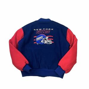 【USA製】 90s DeLONG デロング スタジアムジャケット ウール スタジャン メンズ L 紺/ネイビー NFL ジャイアンツ 中綿 刺繍 ビンテージ