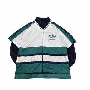【90s】 adidas アディダス トラックジャケット ジャージ ゲームシャツ メンズ L 紺/ネイビー 緑/グリーン ビッグロゴ ビンテージ 古着