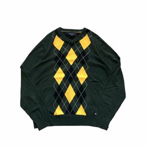 【TOMMY HILFIGER】 トミーヒルフィガー アーガイル柄 チェック Vネック ニット セーター メンズ L 緑/グリーン コットン 薄手 古着 USED