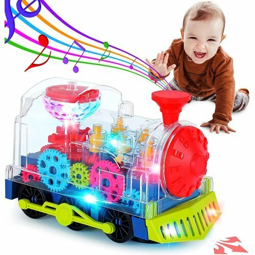 子供のおもちゃ 機械式ギアトレイン 電気自動車のおもち と効果音付き カラフル 運転 車の照明 音楽 透明ケース