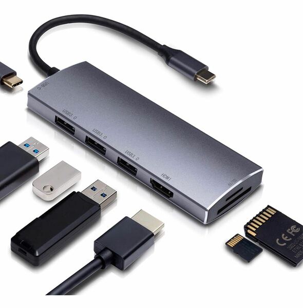 USB Type-Cハブ 7-in-1 USB-C ドッキングステーション USB3.0ポート*3 & 4K解像度HDMI