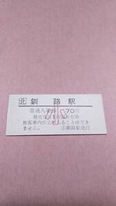 JR北海道　根室本線　釧路駅　70円入場券　小