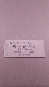 JR北海道　石勝線　(ム)夕張から鹿ノ谷ゆき　140円　(簡)夕張駅発行　国鉄地紋