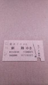 JR北海道　弟子屈から釧路ゆき　1380円　弟子屈駅発行　国鉄地紋
