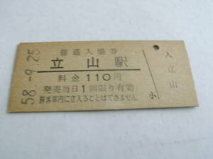 富山地方鉄道　立山駅　普通入場券 110円　昭和58年9月25日