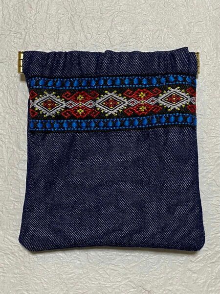 デニム 刺繍フラワーリボン付き バネ口 小銭入れ 小物入れポーチ