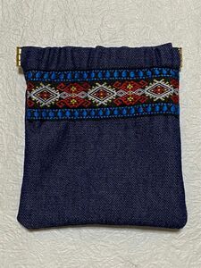 デニム 刺繍フラワーリボン付き バネ口 小銭入れ 小物入れポーチ