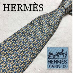 HERMES エルメス　ネクタイ　金具　総柄　シルク100% フランス製　ライトイエロー×ライトブルー