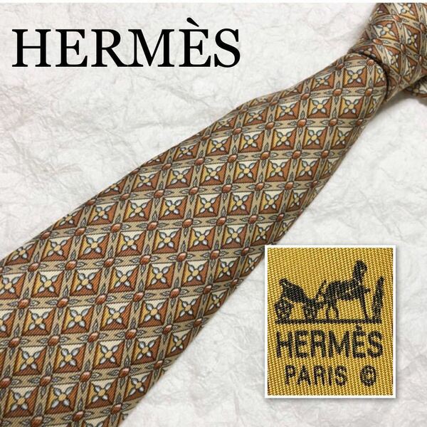 ■美品■HERMES エルメス　ネクタイ　装飾品　スクエア　玉　総柄　シルク100% フランス製　黄土系