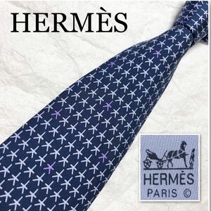 ■美品■希少デザイン■HERMES エルメス　ネクタイ　大の字　星風　総柄　シルク100% フランス製　ブルー×ライトグレー