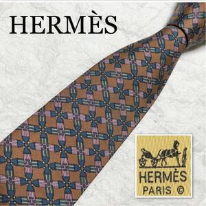 HERMES エルメス　ネクタイ　格子　金具　革の部品　総柄　シルク100% フランス製　ライトブラウン