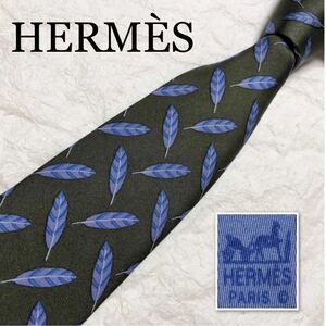 HERMES エルメス　ネクタイ　鳥の羽根　総柄　シルク100% フランス製　グリーン×ブルー