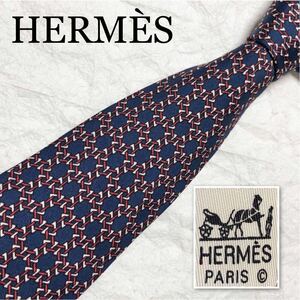 ■美品■HERMES エルメス　ネクタイ　六角形　金具　紐　総柄　シルク100% フランス製　ネイビー×レッド×ホワイト