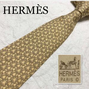 HERMES エルメス　ネクタイ　金具　紐　網目状　総柄　シルク100% フランス製　ライトイエロー