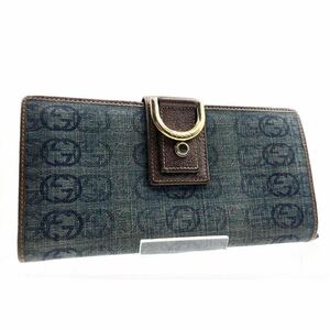 ■美品■希少■GUCCI グッチ　アビー　デニム×レザー　長財布　インターロッキングG総柄　インディゴ　ゴールド金具　イタリア製　刻印