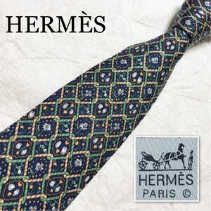 ■美品■HERMES エルメス　ネクタイ　花柄　発芽の様子　ロープ　格子　総柄　シルク100% フランス製　ブルー×グリーン×ベージュ