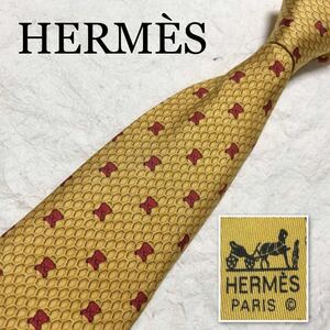 ■傷汚れなし■希少デザイン■HERMES エルメス　ネクタイ　熊と蜂の巣　クマ　ハニー　総柄　シルク100% フランス製　イエロー