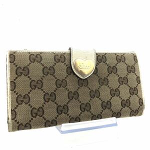 GUCCI グッチ　GGキャンバス×レザー　三つ折り長財布　ハート　筆記体ロゴ　イタリア製　刻印あり　ベージュ×ホワイト　ゴールド金具