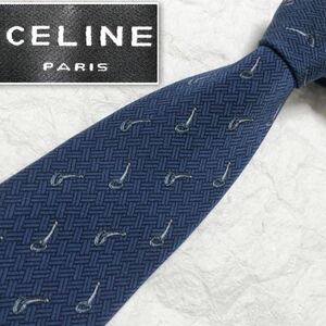 CELINE セリーヌ　ネクタイ　金具　編み込み　総柄　シルク100% スペイン製　ブルー