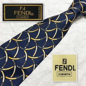 ■美品■FENDI フェンディ　ネクタイ　曲線　ロゴ文字　総柄　シルク100% イタリア製　ネイビー