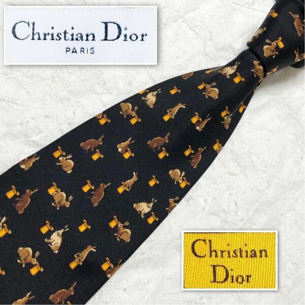 ■美品■Christian Dior クリスチャンディオール　ネクタイ　シルクハットとウサギ　シルク100% フランス製　ブラック