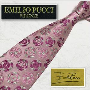 EMILIO PUCCI エミリオプッチ　ネクタイ　花柄　サークル　総柄　シルク100% イタリア製　ピンク