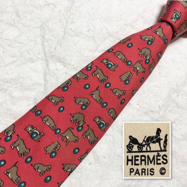 HERMES エルメス ネクタイ ボールと遊ぶ子犬 総柄 シルク100% フランス製 レッド