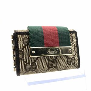 ■美品■GUCCI グッチ　シェリーライン　GGキャンバス×レザー 6連キーケース　筆記体ロゴプレート　ベージュ　ゴールド金具　刻印　伊製