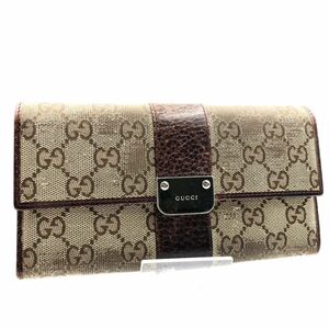 GUCCI グッチ　GGキャンバス×レザー 長財布　イタリア製　刻印あり　ロゴプレート　ベージュ×ブラウン　シルバー金具