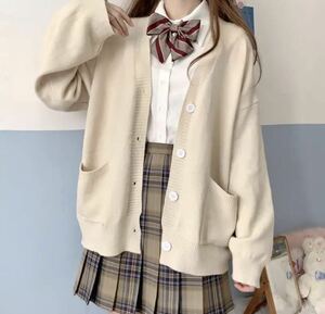 カーディガン　コットン　長袖　Vネック　JK　コスプレ　かわいい　春秋　beige　Lサイズ