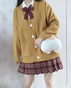 カーディガン　コットン　長袖　Vネック　JK　コスプレ　かわいい　春秋　yellow　Lサイズ