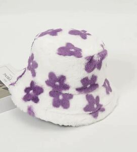 花柄　バケットハット　フェイクファー　かわいい　ソフト　帽子　オシャレ　アウトドア　 55-58cm　purple
