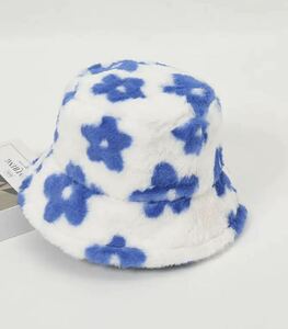 花柄　バケットハット　フェイクファー　かわいい　ソフト　帽子　オシャレ　アウトドア　 55-58cm　blue
