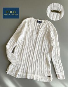 希少ロゴプレート☆RALPH LAUREN ラルフローレン コットン ケーブルニット Vネック 美品♪現行タグ