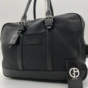 【極美品】GIORGIO ARMANI ジョルジオアルマーニ トートバッグ ビジネスバッグ レザー シボ革 ブラック 黒 肩掛け A4収納 メンズ ロゴ