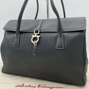 【極美品】Salvatore Ferragamo フェラガモ トートバッグ ハンドバッグ レザー ガンチーニ 肩掛け A4収納 ブラック 黒 メンズ ビジネス 