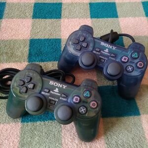 PS2用純正コントローラー2個セット クリアブラック（動作品） クリアブルー（ジャンク）