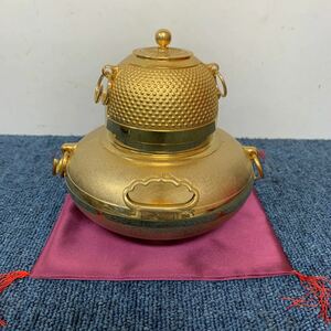 茶釜 香炉 お香 仏具 三足 全長約14.5cm 24KGP刻印 ゴールドカラー アンティーク 金色 レトロ 昭和インテリア 置物 縁起物