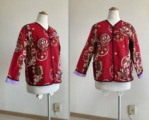 ■T3319■着物リメイク■ニコニコ木綿と更紗生地で作たジャケット　裏付き■M～Lサイズ　ハンドメイド　　