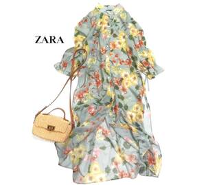 ザラ ZARA BASIC 大人可愛い☆ シフォン 花柄 ウエストマークドロストリボン スリット シアーワンピース M